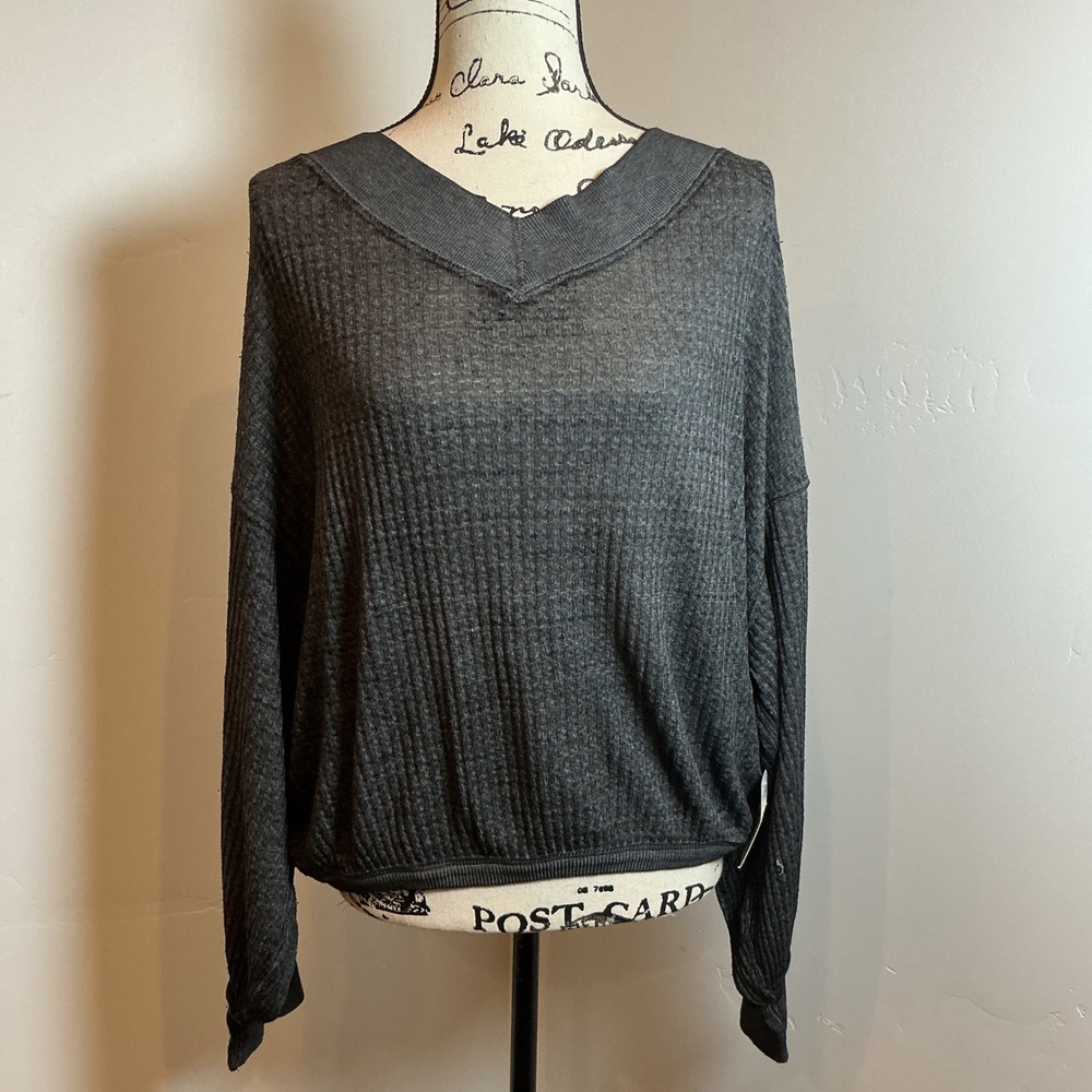 Free People Waffle Knit V-Neck Thermal Top Black Oversized Dolman Sleeve M NEW